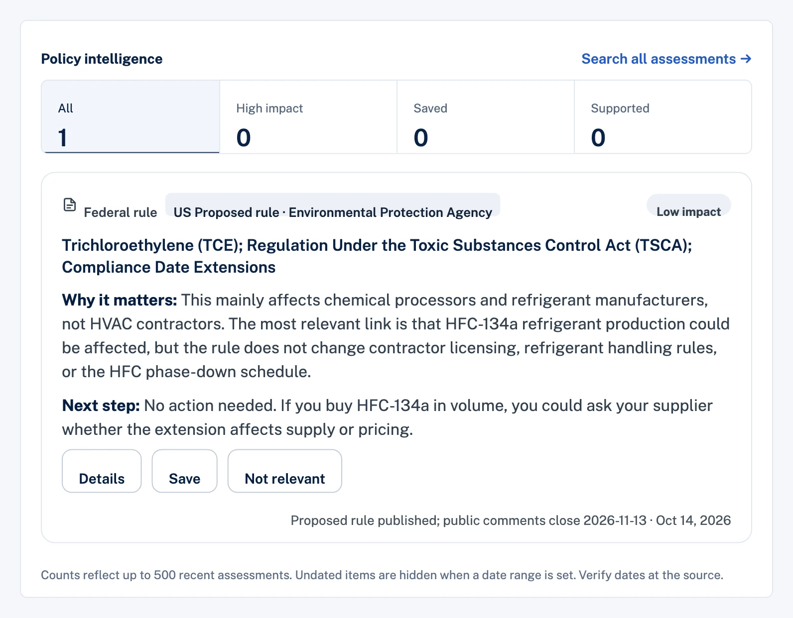The intelligence feed with an assessed EPA proposed rule, explaining why it matters to the business and the next step, with the comment deadline.