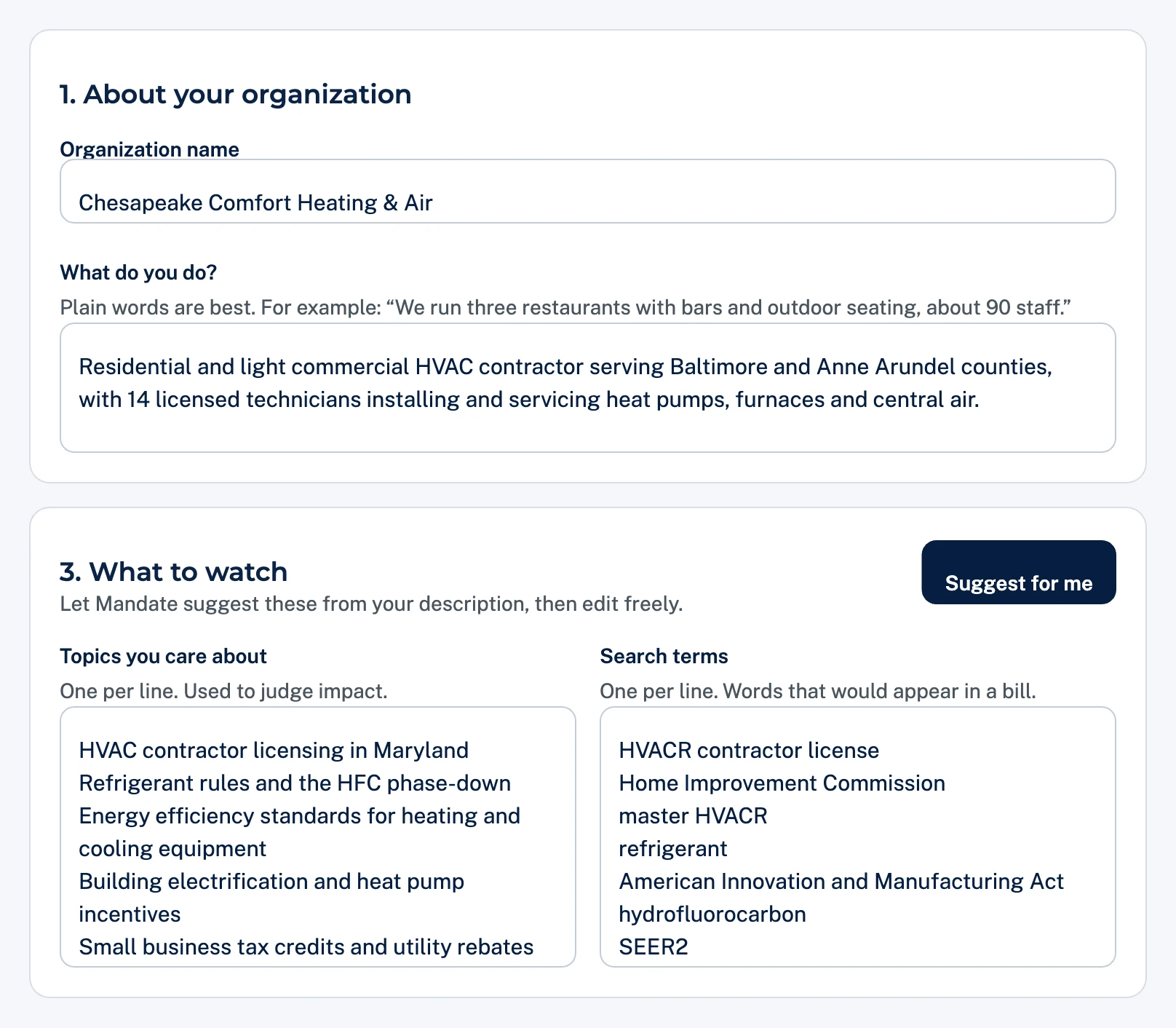The watch profile: the organization's name and description, the topics it cares about and the search terms Mandate uses to match bills.